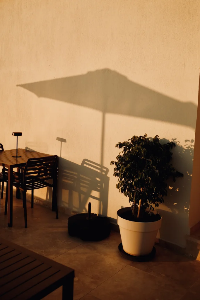Lyxos Hotel, Kaş: terraza con sombrilla y plantas