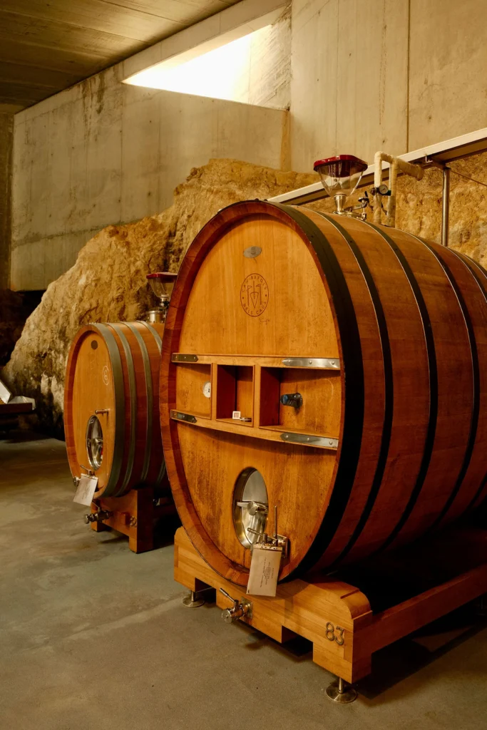 Can Ràfols dels Caus, Penedès: tina de madera en la sala de crianza