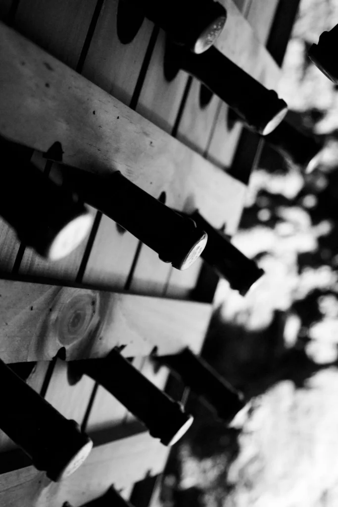 Can Ràfols dels Caus, Penedès: botellero con sombras, en blanco y negro