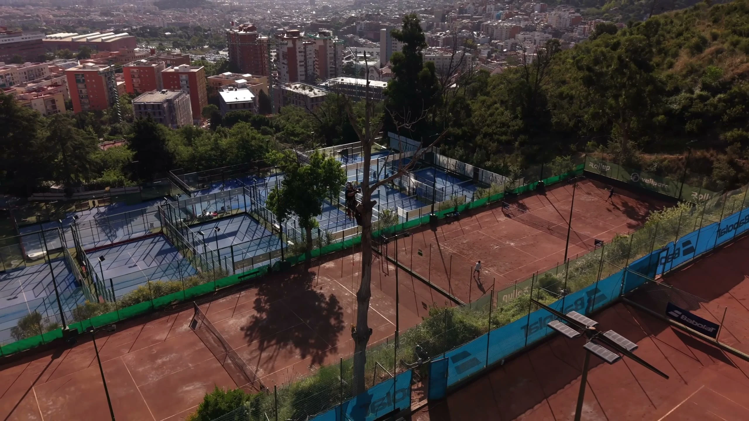 Francolí Arboricultura: árboles junto a unas pistas deportivas, vista aérea con dron